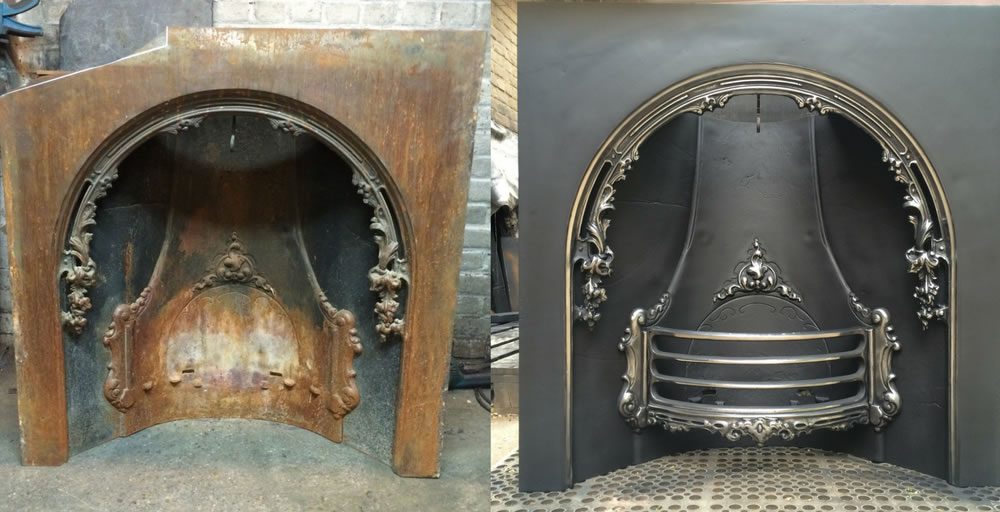 Cast Iron fireplace restoration before and after - Ironwright