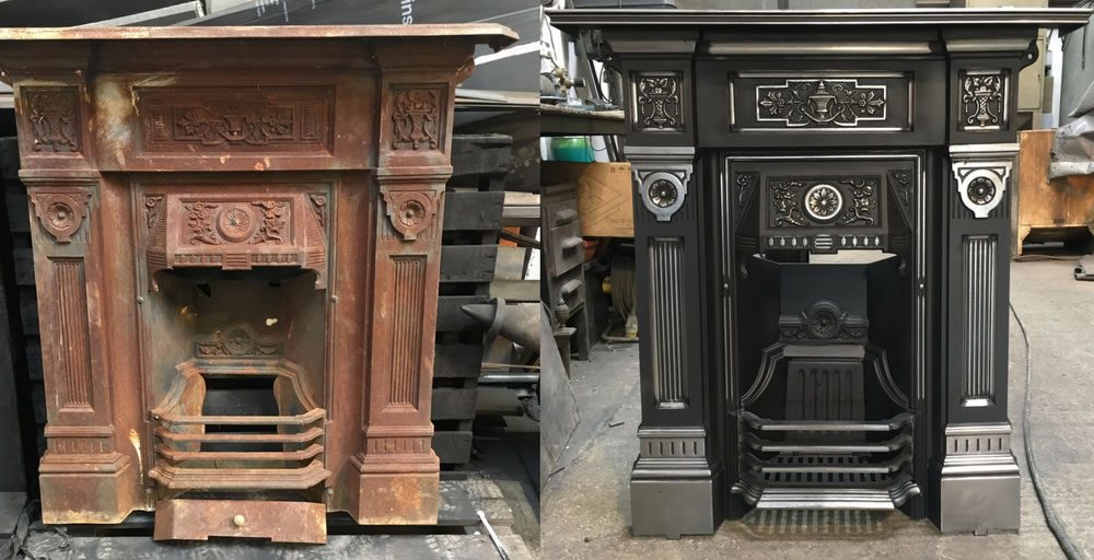 Cast Iron fireplace restoration before and after photos - Ironwright